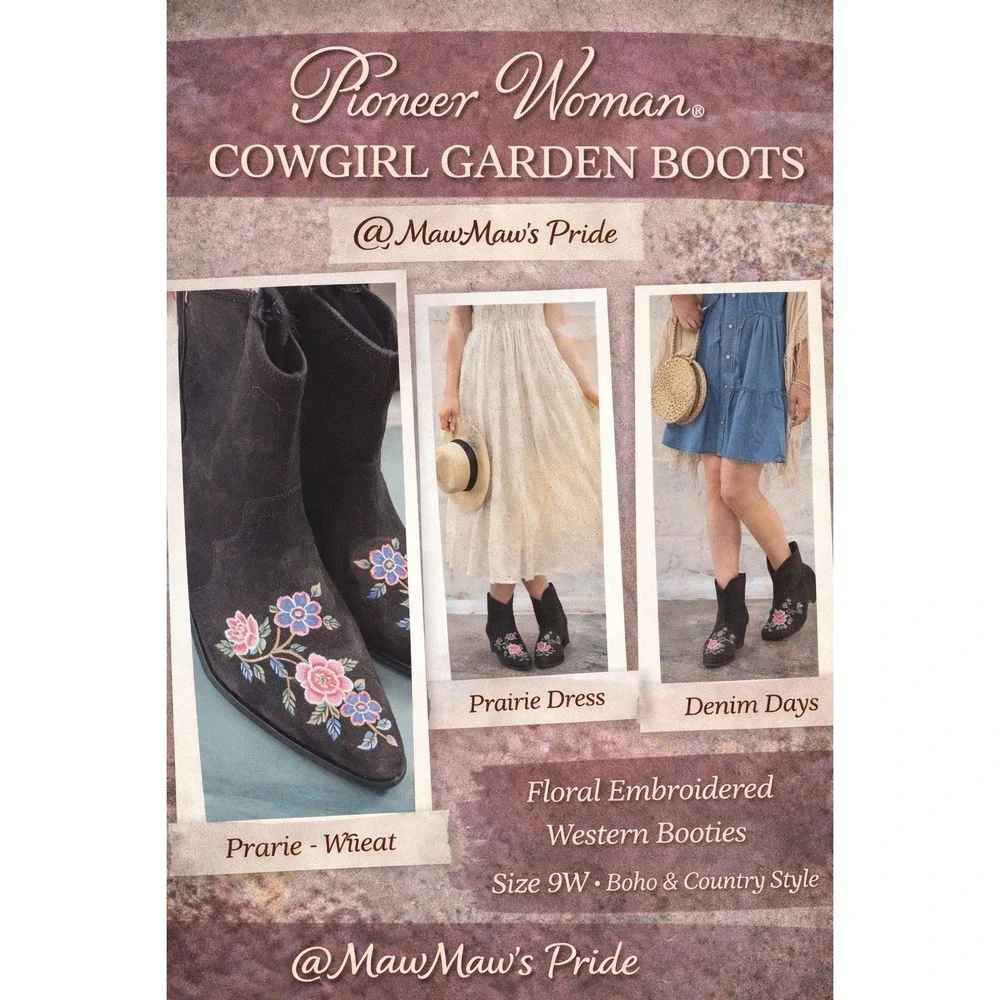 Pioneer Woman Cowgirl Garden Boots Black Floral Embroidered Western Booties 9W - Picture 1 of 13
